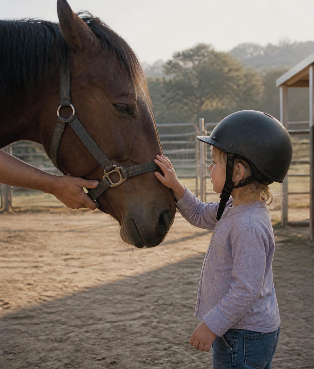A child in a riding helmet patting a quiet bay horse at the yards
